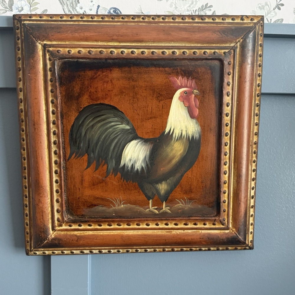 Rooster Hand Painted in Metal Frame‎ Farm Chicken Artwork Wall Art 15" X 15"